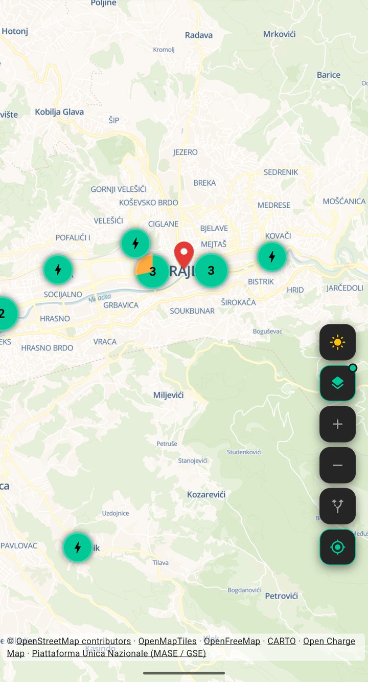 Mapa Sarajeva u aplikaciji GeoCharge sa punjačima