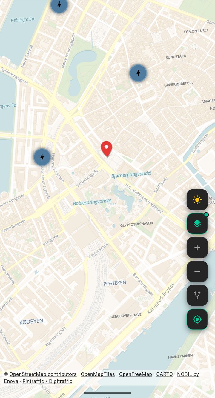 Kort over København i GeoCharge-appen med ladestationer