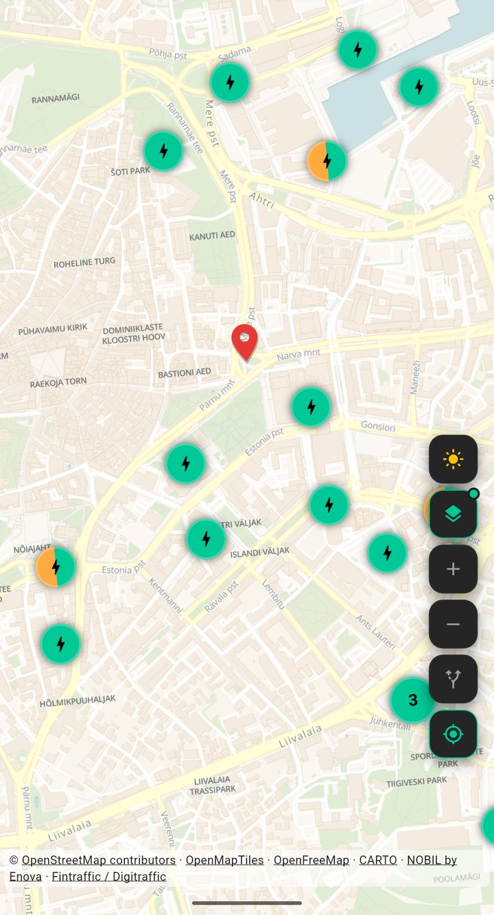 Tallinna kaart GeoCharge’i rakenduses laadimispunktidega
