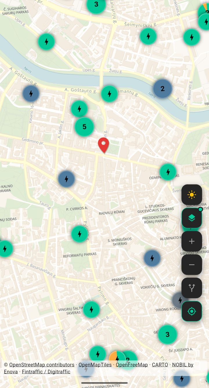 Vilniaus žemėlapis programėlėje GeoCharge su įkrovimo stotelėmis