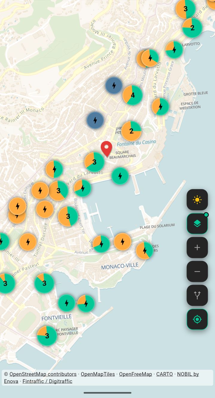 Carte de Monaco dans l’application GeoCharge avec les bornes de recharge