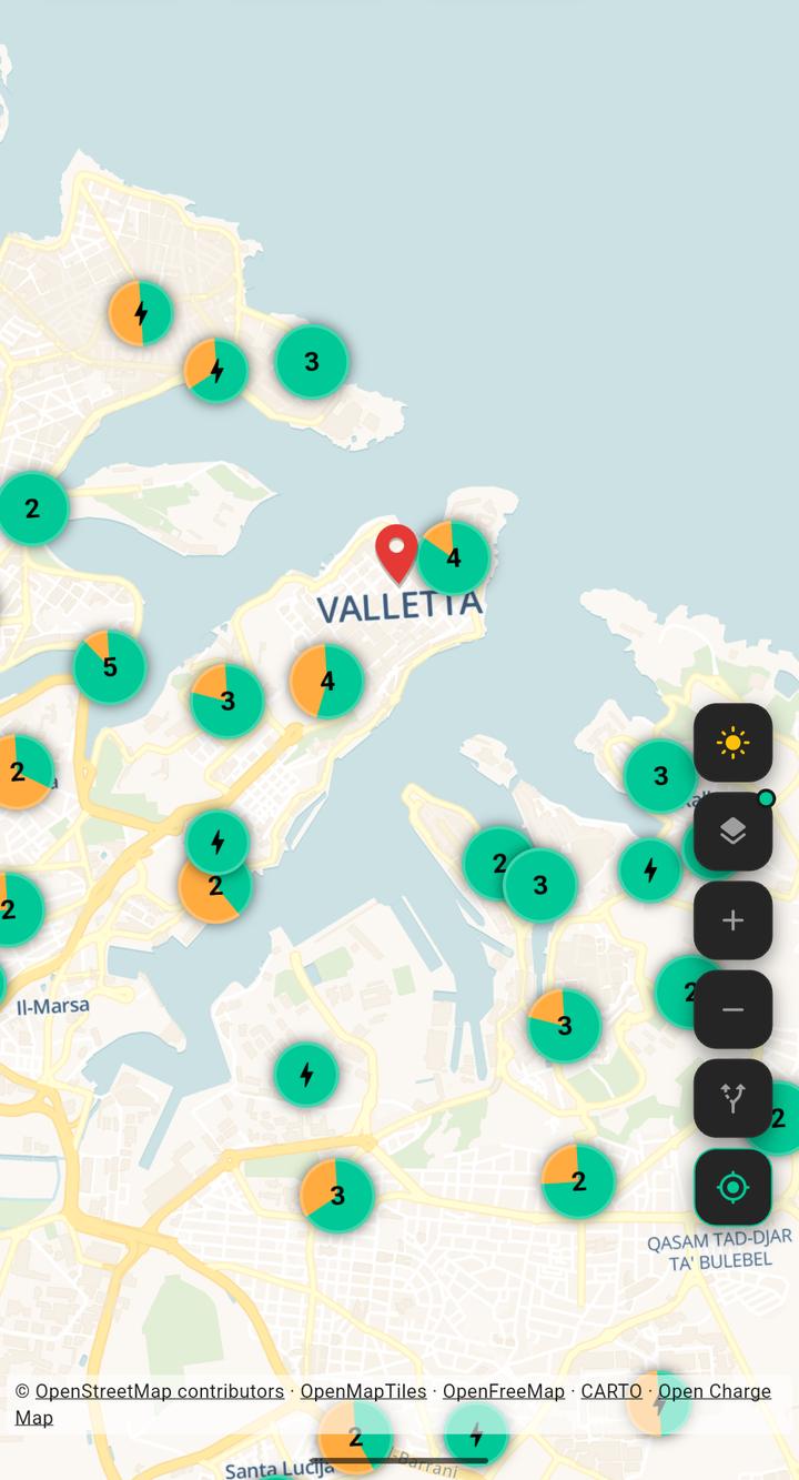 Map of Valletta in the GeoCharge app with charging stations marked