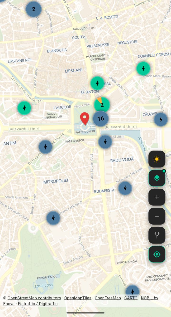 Harta Bucureștiului în aplicația GeoCharge cu stații de încărcare